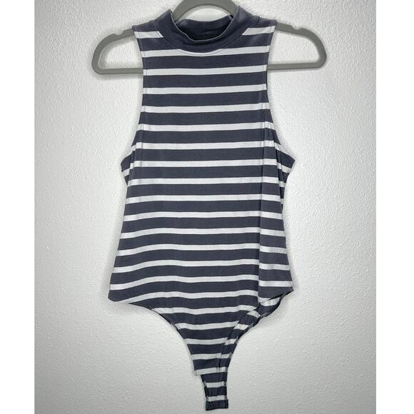 Abound Gray & White Stripe Sleeveless Mock Neck Bodysuit L - Picture 2 of 14